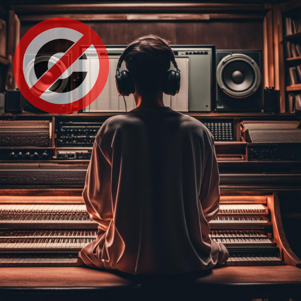 man sitting at mixing board with copy right symbol in picture